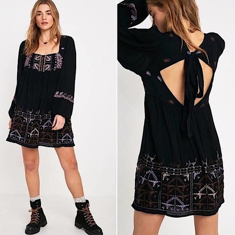 FREE PEOPLE Rhiannon boho dress black peach purple embroidery sz small like new